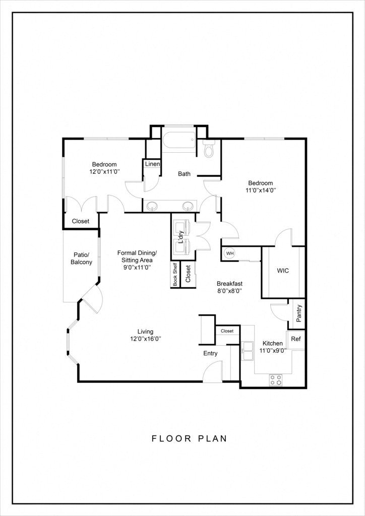 Floor plan for 2 beds, 1 bath, 1168 sqft